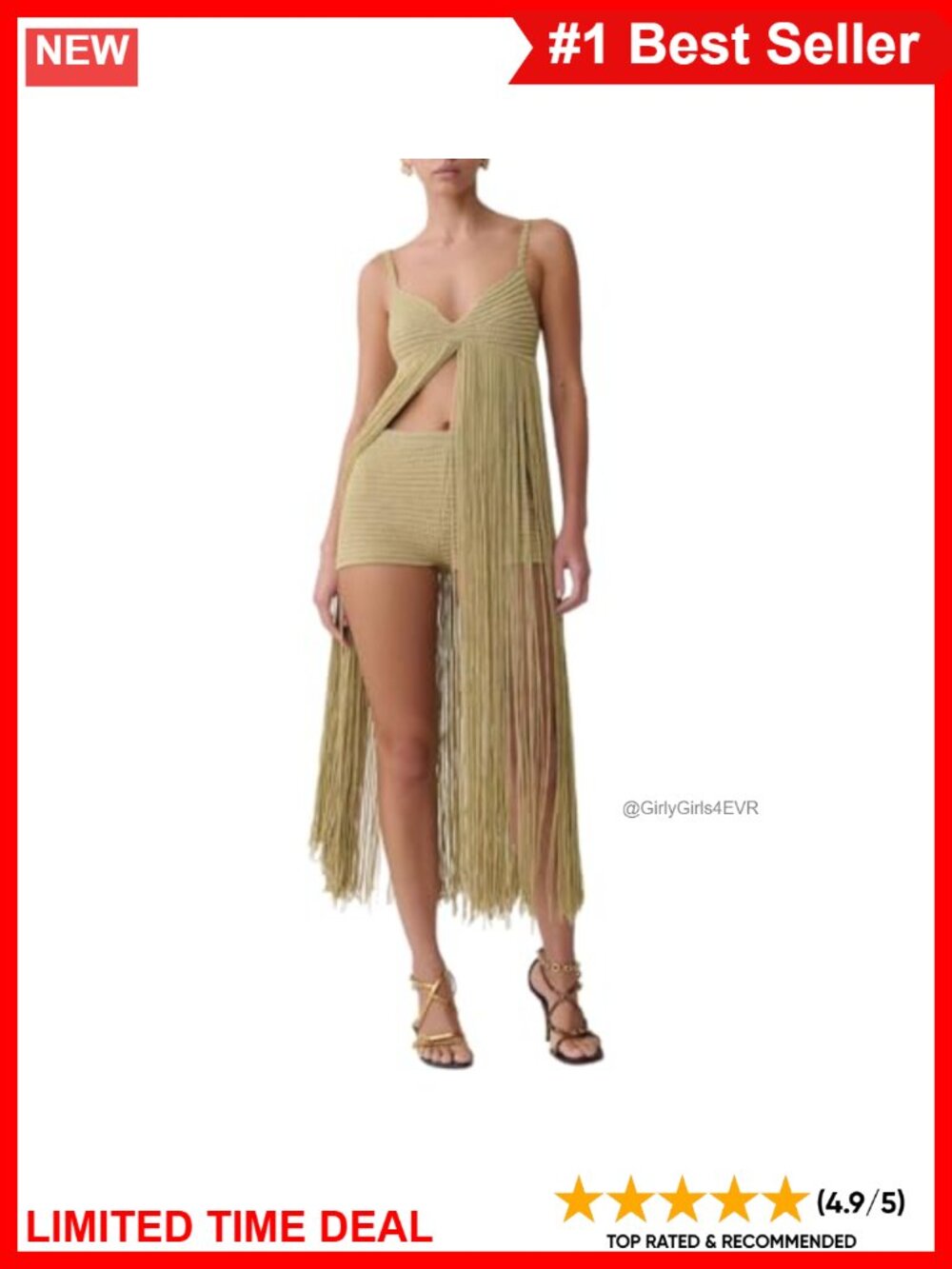 Women's Crochet Fringe Sleeveless Cami Top High Waist Shorts 2 Piece Set